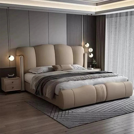 Scalloped upholstered headboard modern bed design bed frame cream fabric