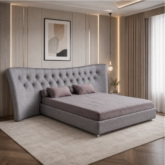 Tufted wingback bed frame modern bed design in light grey upholstered fabric