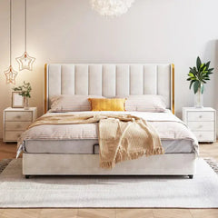 Luxury upholstered cot design new bed design with gold accents beige platform bed