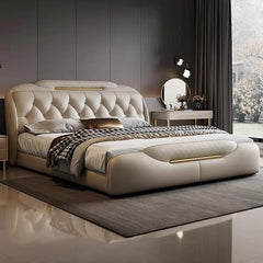 Cream tufted headboard modern bed design bed frame cream leatherette upholstered bed
