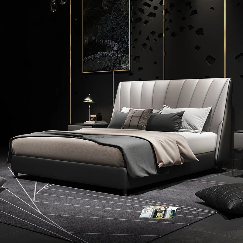 Indigo is a modern upholstered bed with a tall channel-tufted headboard,