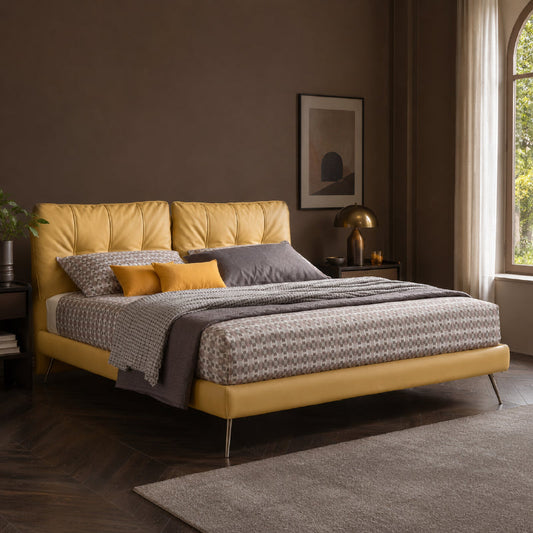Mustard tall padded headboard, bed frame, modern bed design, yellow fabric