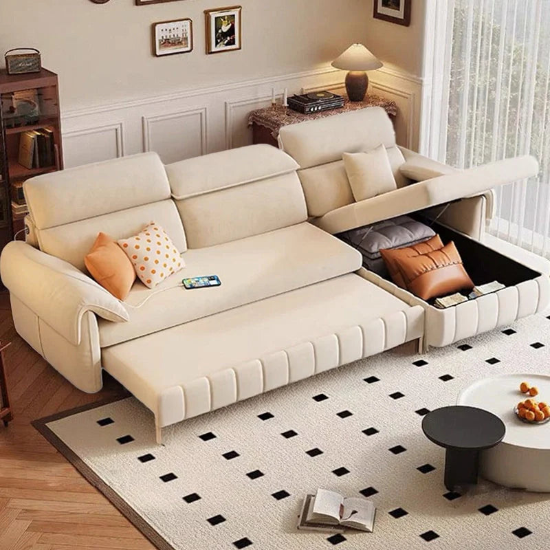 L shape sofa bed with storage and USB charging, shown as a flexible seating and sleeping option