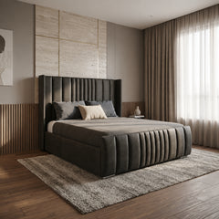 Vertical tufted velvet hydraulic bed frame cream modern bed design