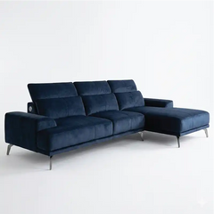 modern l shape sofa with high back cushions, slim metal legs and deep comfortable seating — front view in a bright living...
