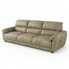 tan l shape sofa with deep cushions, supportive back panels and wide padded arms — wide room view showing the complete sea...