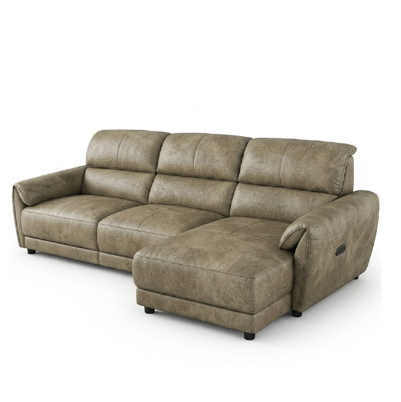 tan l shape sofa with deep cushions, supportive back panels and wide padded arms — front angle showing the back support an...