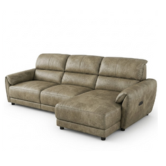 tan l shape sofa with deep cushions, supportive back panels and wide padded arms — front angle showing the back support an...
