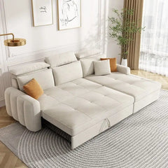 Pull out sofa bed with hidden side storage, with a pull-out sleeping area for overnight guests