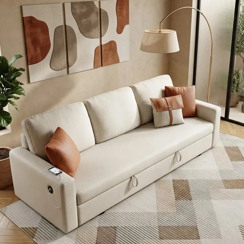 Pull out sofa bed with storage and USB charging, with a pull-out sleeping area for overnight guests
