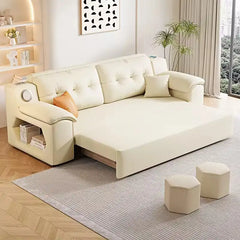 Convertible sofa bed with side shelves, with a pull-out sleeping area for overnight guests