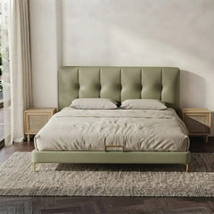 King size upholstered bed featuring hydraulic bed storage, vertical channel tufted headboard, leatherette upholstery and modern bed frame design