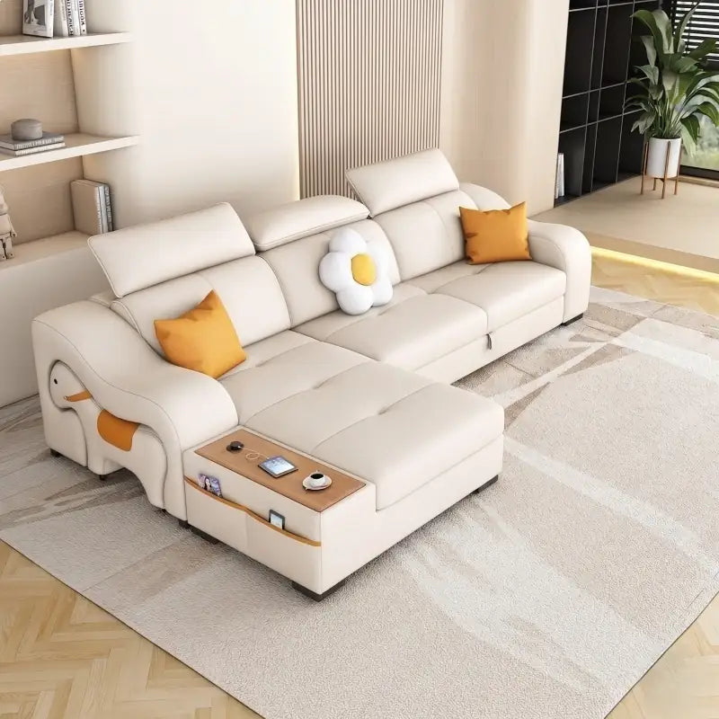 Sleeper sofa with side console and pull-out stool, with a pull-out sleeping area for overnight guests