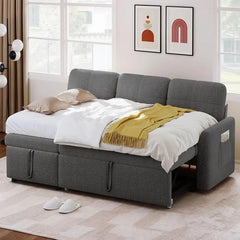 L shape sofa bed with side storage, with a pull-out sleeping area for overnight guests
