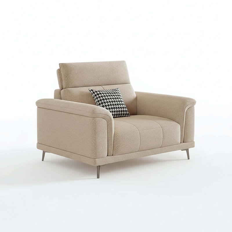 beige l shape sofa with adjustable head support, rounded arms and slim raised legs — front angle showing the back support...