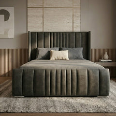 Tall padded headboard bed online new bed design charcoal grey velvet