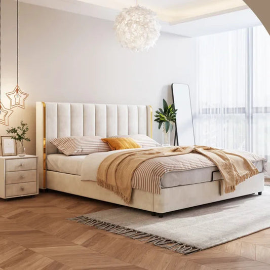 Beige tufted upholstered bed frame modern bed design master bedroom bed design cream fabric
