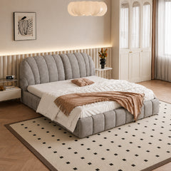 Vertical channel panels, modern style bed design, cot design, grey fabric bed