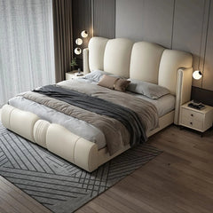 Curved luxury bed and cot new bed design beige upholstered platform bed
