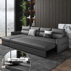 Faux leather sofa bed with hidden storage, with practical features for compact living spaces