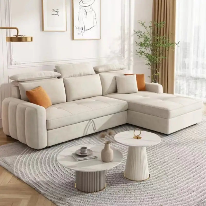 Pull out sofa bed with hidden side storage, with practical features for compact living spaces