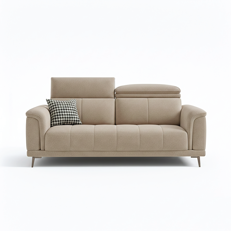 beige l shape sofa with adjustable head support, rounded arms and slim raised legs — wide room view showing the complete s...