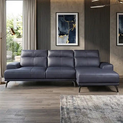 modern l shape sofa with high back cushions, slim metal legs and deep comfortable seating — side angle showing the arms an...