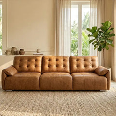 Leather-look pull out sofa bed, with practical features for compact living spaces