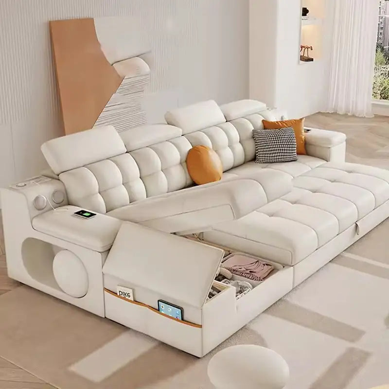 Smart convertible sofa bed with Bluetooth speakers, with practical features for compact living spaces