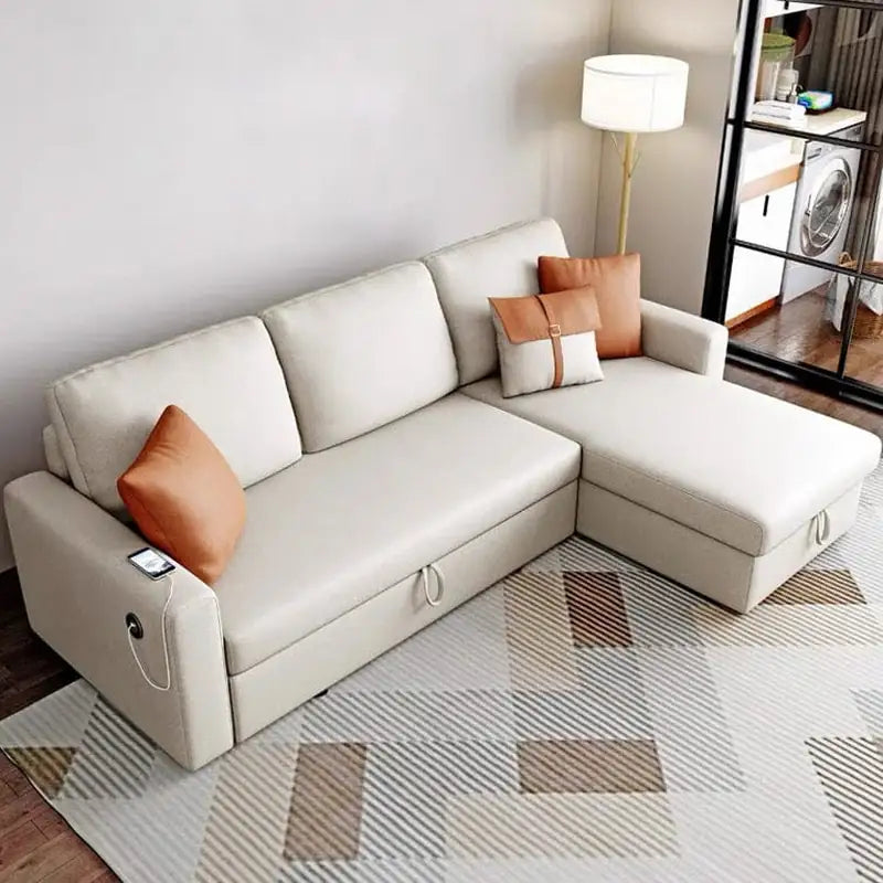 Pull out sofa bed with storage and USB charging, with practical features for compact living spaces