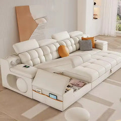 Smart convertible sofa bed with Bluetooth speakers, with practical features for compact living spaces