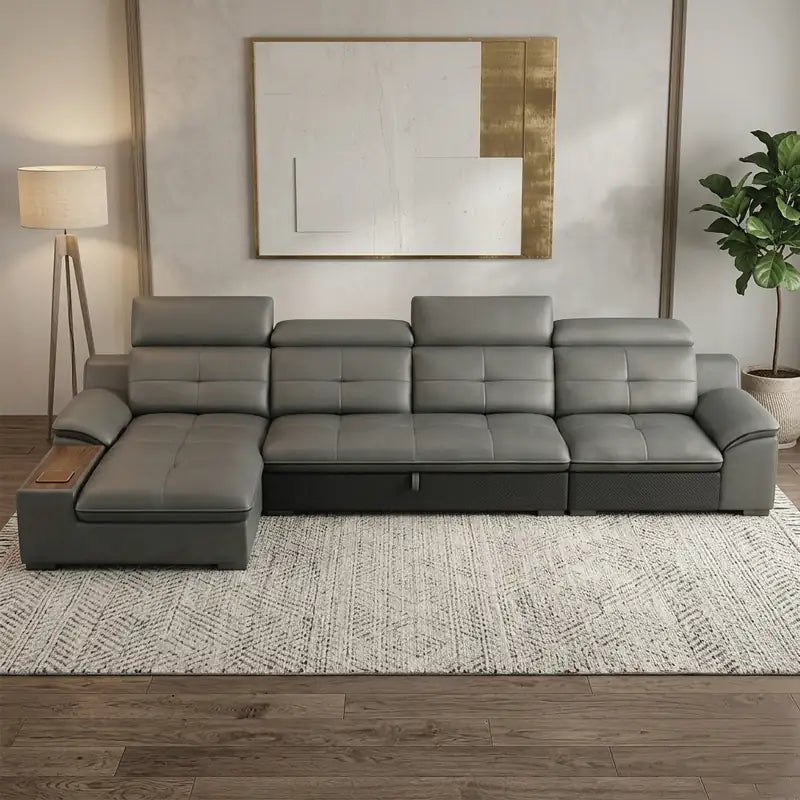 Couch bed with cup holders, USB charging and storage, with practical features for compact living spaces