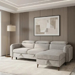 Grey L shape sofa bed with hidden storage, with practical features for compact living spaces