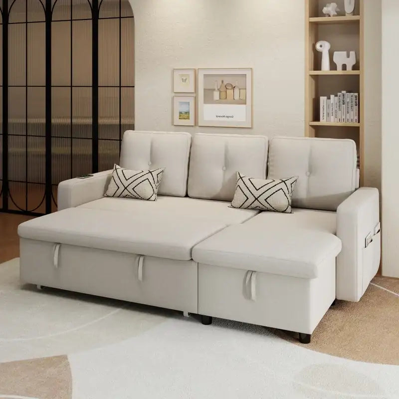 Sofa bed with storage, USB charging and side pockets, with practical features for compact living spaces