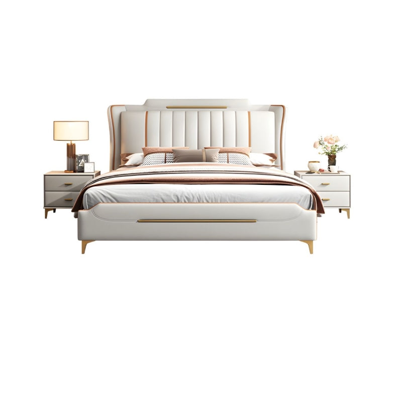 smooth ivory upholstery, metallic detailing, and tapered gold-finish legs reflect a modern bed design suited