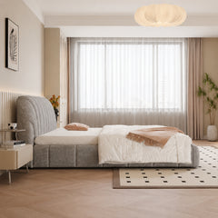 Rounded headboard bed, master bedroom bed design, bed online, grey fabric