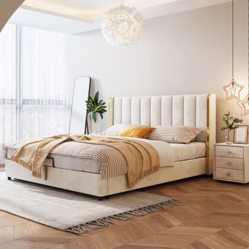 Modern style bed design bed online vertical tufted headboard ivory upholstered frame