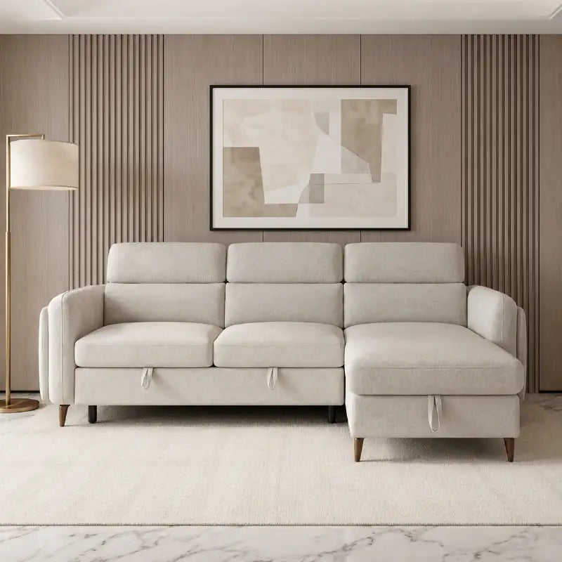 Grey L shape sofa bed with hidden storage, available in custom sizes, colours and materials
