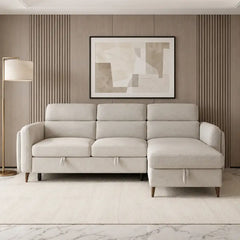 Grey L shape sofa bed with hidden storage, available in custom sizes, colours and materials