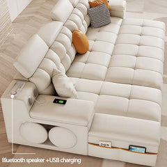 Smart convertible sofa bed with Bluetooth speakers, available in custom sizes, colours and materials
