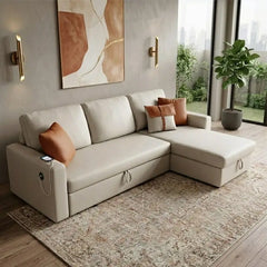 Pull out sofa bed with storage and USB charging, available in custom sizes, colours and materials