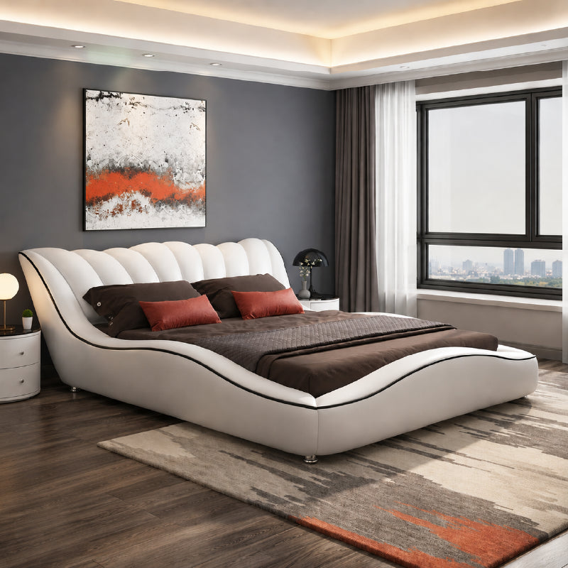 Curved white upholstered bed frame modern bed design with scallop headboard