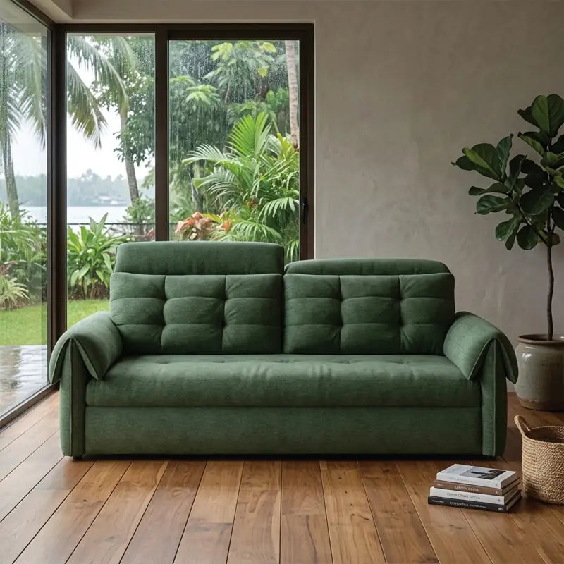 Couch with pull-out bed and soft cushions, available in custom sizes, colours and materials