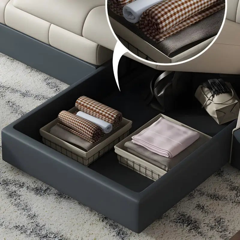 L shape sofa bed with hidden storage, available in custom sizes, colours and materials