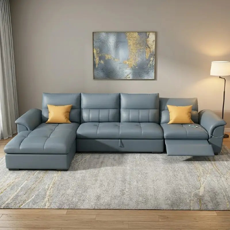 Convertible sofa bed with motorised recliner, available in custom sizes, colours and materials