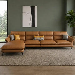 Right side view of Brondo L Shape Sofa Set with caramel faux leather upholstery, spacious 5 seater sofa layout, corner sofa comfort, black metal legs and contemporary couch set styling