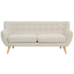 soft beige fabric sofa with rounded arms, buttoned back cushions and slim wooden legs — close view showing the cushion and...