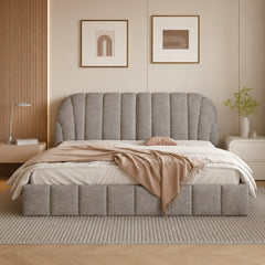 Slatted platform frame, modern bed design, cot design, queen grey fabric