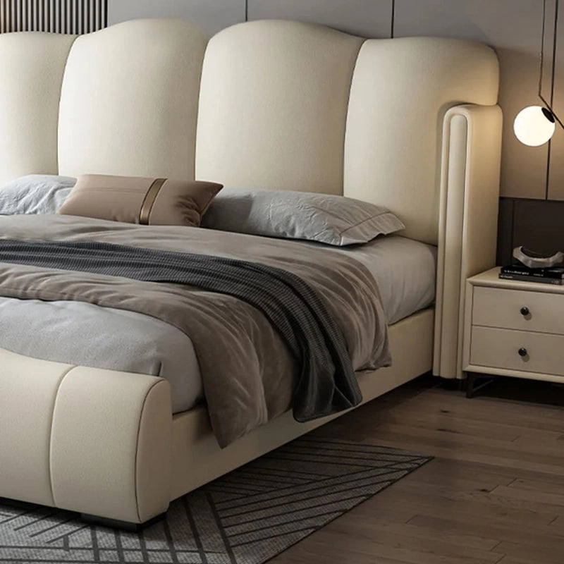 Rounded cushioned footboard modern style bed design cot design grey fabric