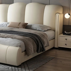 Rounded cushioned footboard modern style bed design cot design grey fabric